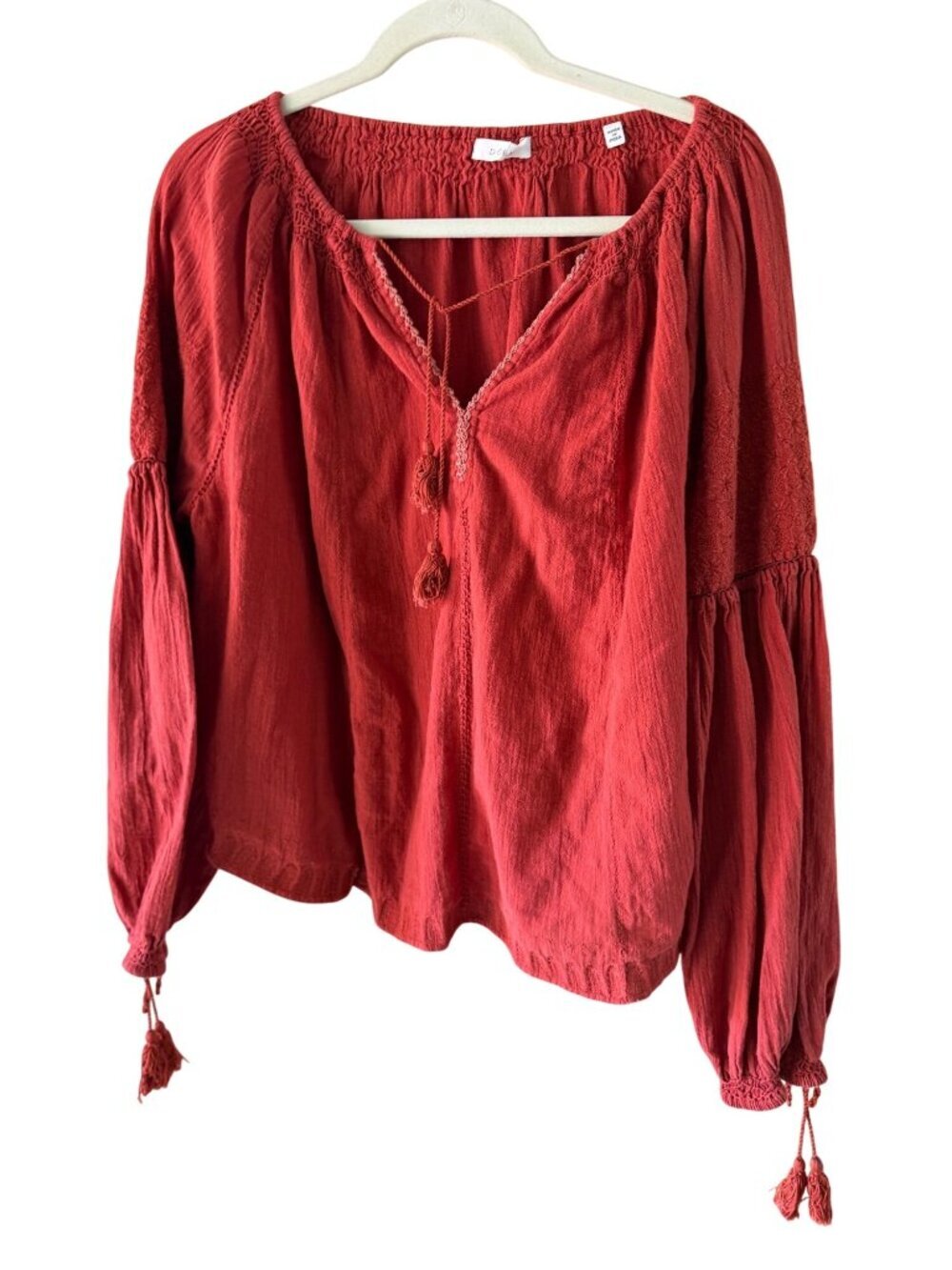 Doen Womens Embroidered Cotton Flowy Blouse Size Small Rust Red Cotton Bohemian